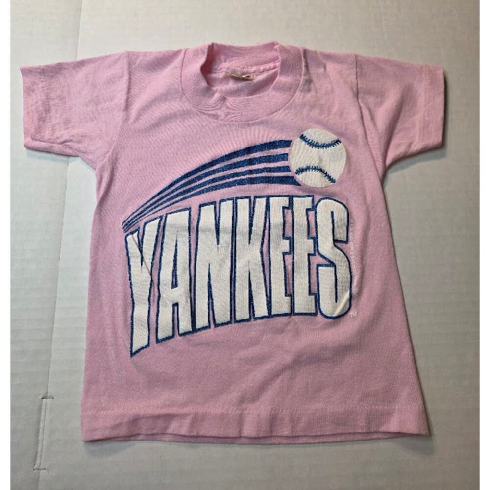 Vintage 90s New York Yankees Girl Toddler Shirt 2T Pink Glitter Screen Print